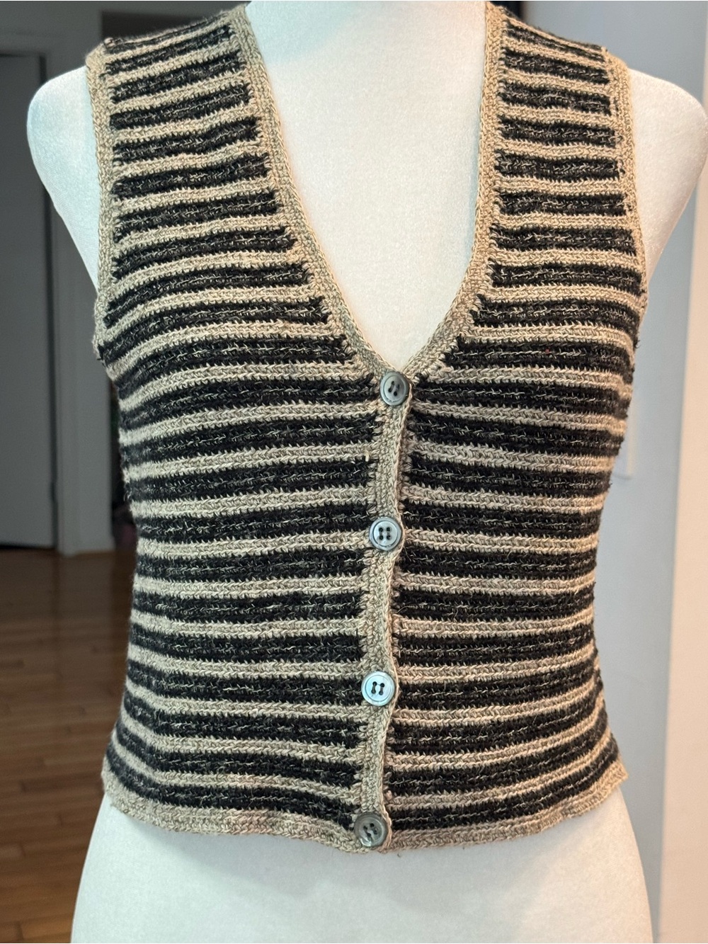 Dkny Striped V-Neck Button Front Sweater Vest - Black and Tan